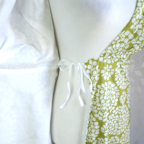 Lesley Evers Cotton Bold Botanical Print Wrap Dress Lime Green White Bow Tie - Picture 9 of 12